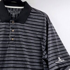 Pebble Beach Performance Mens Golf Polo Shirt Gray Black Stripe Size L